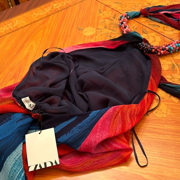 Zara BEADED HALTER multicolored print open back asymmetric hem DRESS sz.XS - Picture 16 of 17